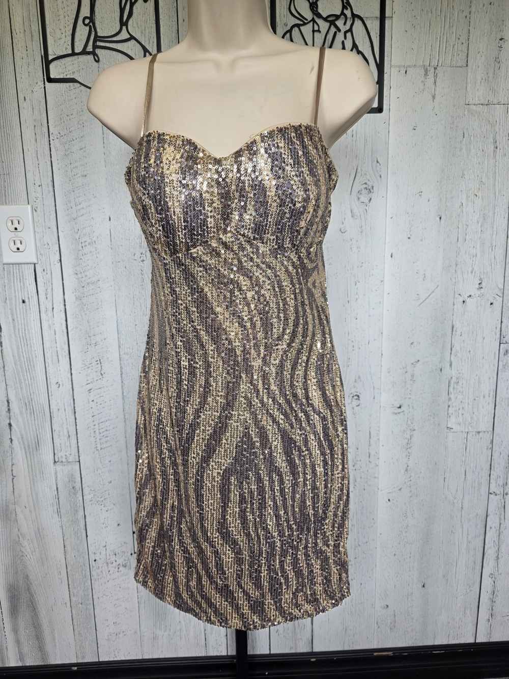 Urban Heritage Sequin Mini Dress Gold Animal Print Lace Up Back Size L Y2K